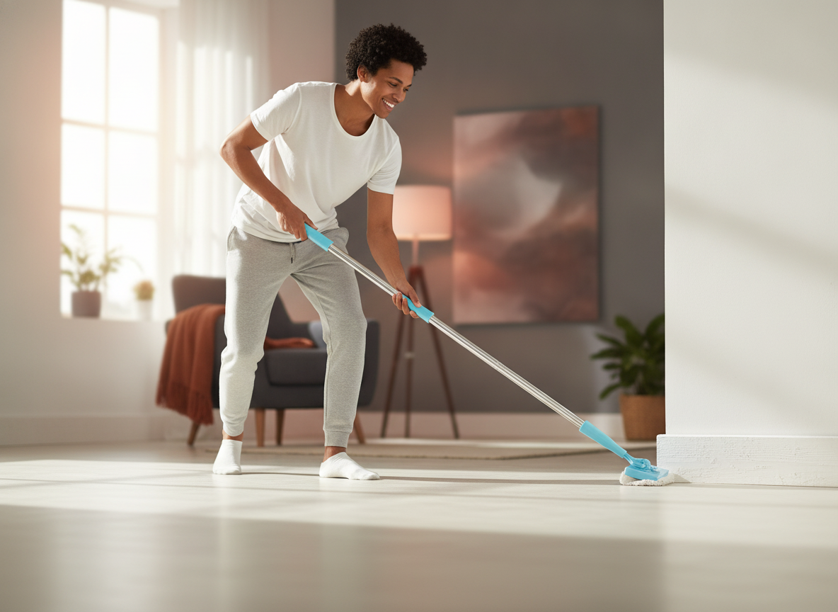 Person quickly cleaning baseboards with a Baseboard Buddy mop in a bright, modern living room, demonstrating ease of use.