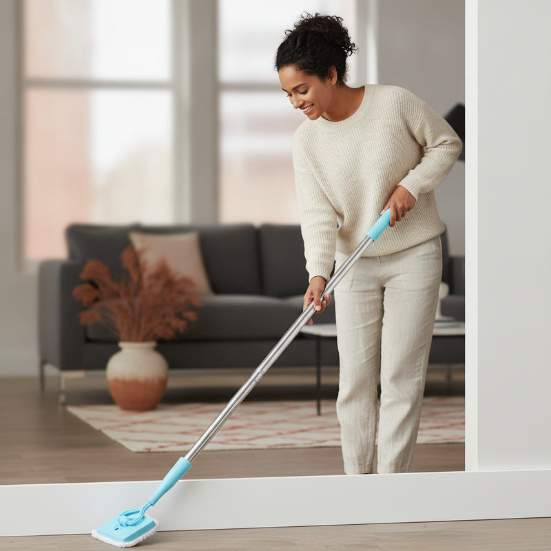 A person uses the Baseboard Buddy Retractable Household Universal Cleaning Brush Mop to clean a white baseboard in a modern l