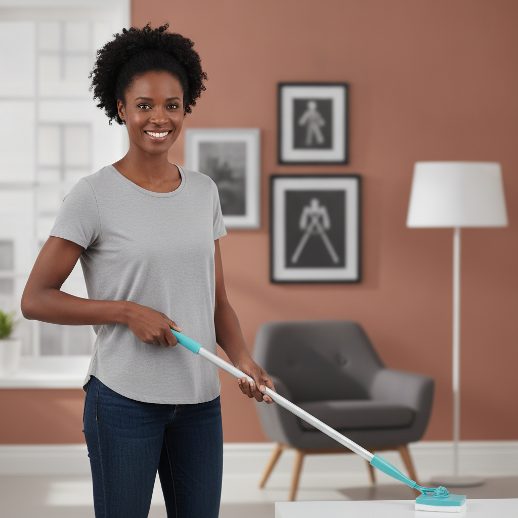 Person of color standing comfortably and cleaning a white baseboard with the Baseboard Buddy mop.